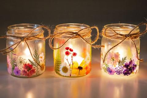 candles with pressed flowers